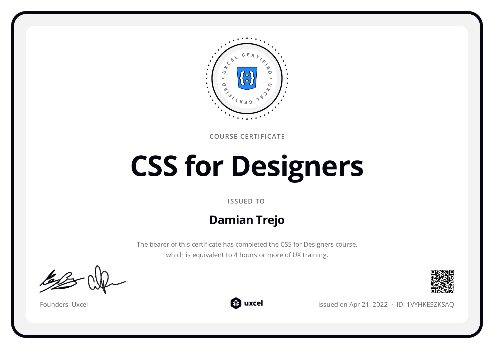 Damian Trejo's certificate